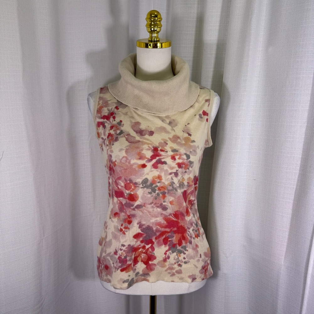 St. John Floral Sleeveless Cowl Neck Knit Top Womens S Cream Wool Silk Cashmere